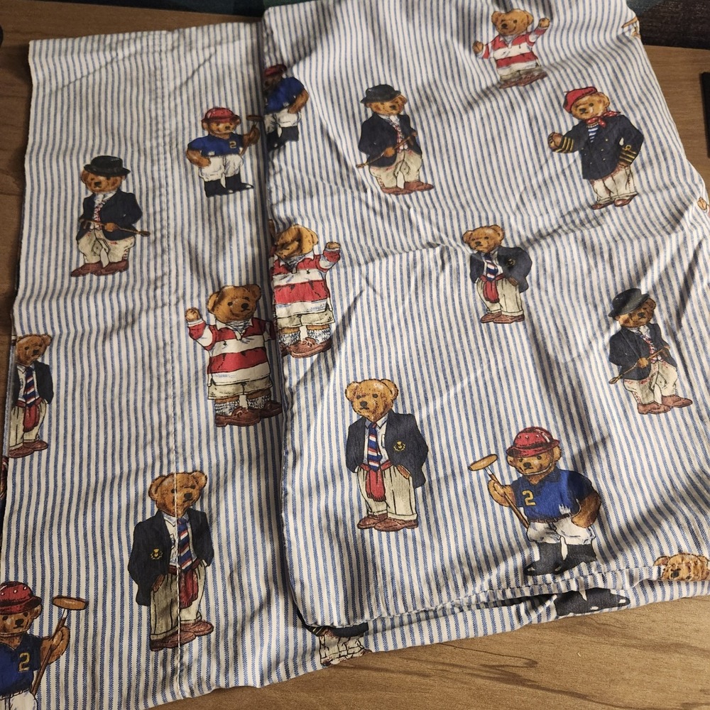 Vintage Ralph Lauren Polo Bear Pillowcase Set Blue White Stripe Cotton USA Made - Picture 2 of 5